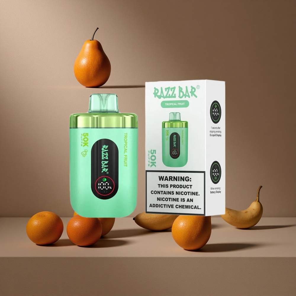 Fruits Tropicaux Razz Bar 50K Bouffées Vape Jetable avec Bobine Mesh 1.0 Ohm et Rechargeable Type-C