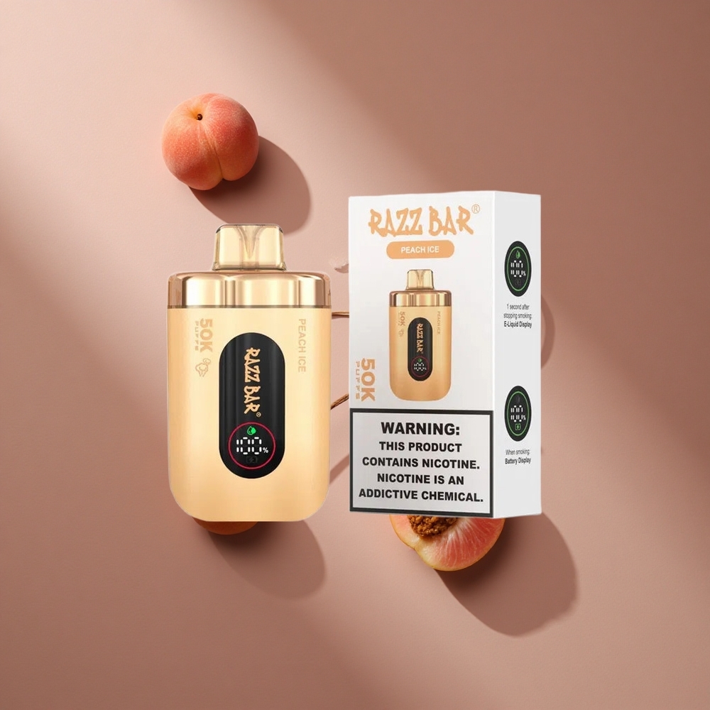 Pêche Glacée & Framboise Razz Bar 50K Bouffées Vape Jetable 1.0 Ohm Mesh Coil Rechargeable Type-C